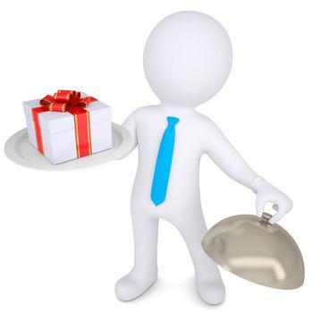 3d man holding a gift box on a platter. Isolated render on a white background