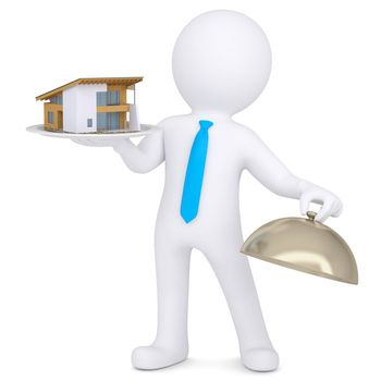 3d man holding a house on a platter. Isolated render on a white background