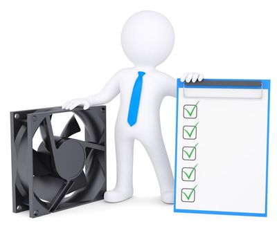 3d man next to a computer fan. Isolated render on a white background