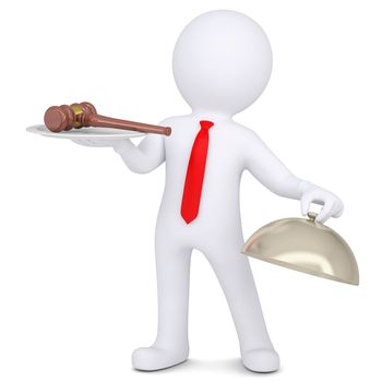 3d man holding a gavel on a platter. Isolated render on a white background