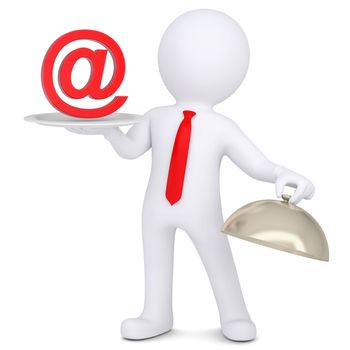 3d man holding a sign e-mail on the dish. Isolated render on a white background