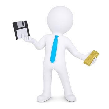 3d man changes a floppy disk with information on gold. Isolated render on a white background