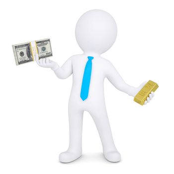 3d man changes the gold for cash. Isolated render on a white background