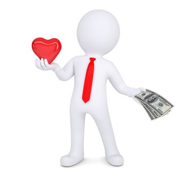 3d man changes heart on money. Isolated render on a white background