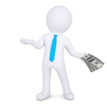 3d man with money holds out his hand. Isolated render on a white background