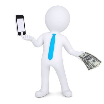 3d man changes the smartphone on the money. Isolated render on a white background
