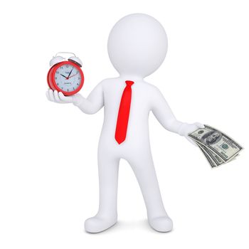 3d man changes the time on money. Isolated render on a white background