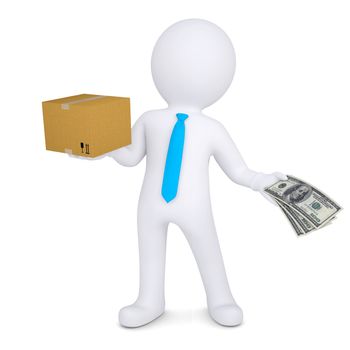 3d man changing a cardboard box on the money. Isolated render on a white background