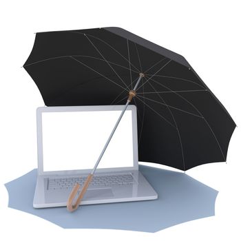 Umbrella covers the laptop. Isolated render on a white background