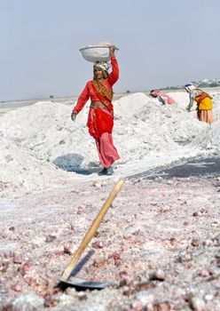 SAMBHAR LAKE TOWN-NOVEMBER 19: An unidentified Indian women working on the salt farm, November 19, 2012, in Sambhar lake town, Sambhar salt lake, Rajasthan, India