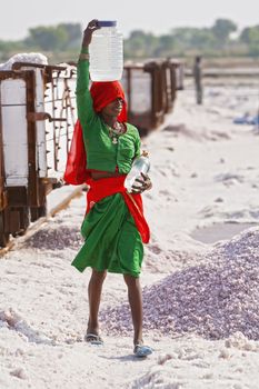 SAMBHAR LAKE TOWN-NOVEMBER 19: An unidentified young Indian woman bears drinking water for working at a salt farm, November 19, 2012, in Sambhar lake town, Sambhar salt lake, Rajasthan, India
