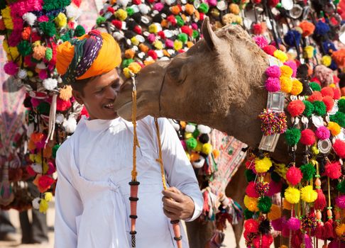 PUSHKAR, INDIA - NOVEMBER 22: Camel and his unidentified owner attends at traditional camel decoration competition at camel mela in Pushkar on November 22,2012 in Pushkar, Rajasthan, India