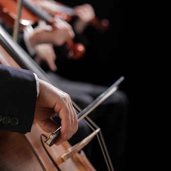 Symphony concert, a man playing the cello, hand close up