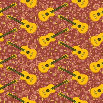 Seamless background, yellow guitars and floral pattern.