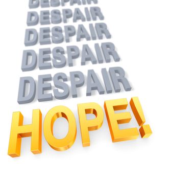 Shallow DOF with center of focus on bright, gold "HOPE" in front of a row of dull, gray "DESPAIR" receding into the distance.  Isolated on white.