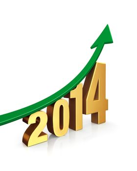 A dramatically upward trending green arrow above the gold numbers "2014". On white with drop shadow.