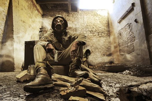 Post apocalyptic survivor in gas mask