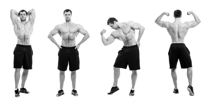 Image of young bodybuilder with naked torso in different poses