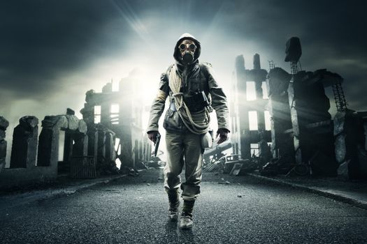 Post apocalyptic survivor in gas mask, destroyed city in the background