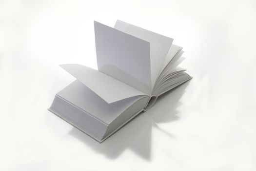 Empty open book on white