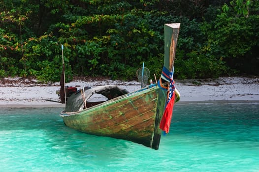 Boats at sea against the rocks in Thailand. Phi Phi Island