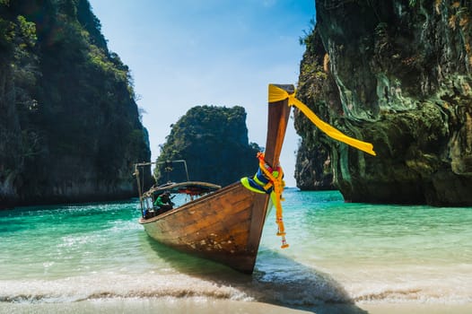 Boats at sea against the rocks in Thailand. Phi Phi Island