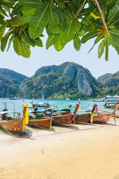 Boats at sea against the rocks in Thailand. Phi Phi Island