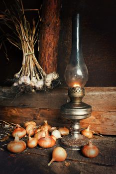 kerosene lamp in the interior of the barn