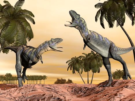 Two acasaurus dinosaurs fighting in desert with palm trees