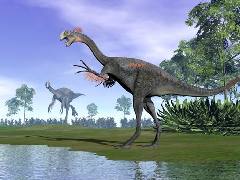 Two gigantoraptor dinosaurs standing in nature with trees next to water