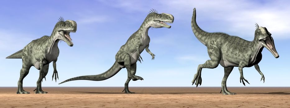 Three monolophosaurus dinosaurs standing in the desert by daylight