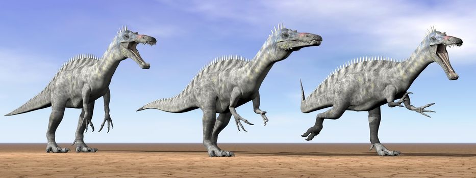 Three suchomimus dinosaurs standing in the desert by daylight