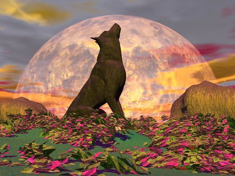 Wolf howling in the nature with surrealistic plants in front of the full moon