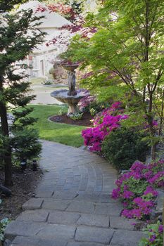 Bricks Pavers Path and Steps to Front Yard Garden and Water Fountain