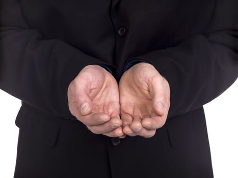 Closed up shot of an open palm of a man wearing a black long sleeve suit 