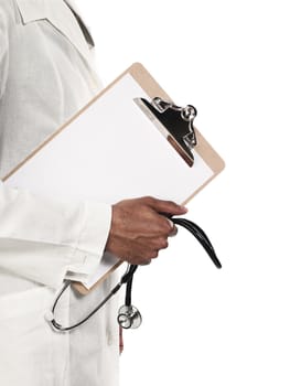 Mid section of a doctor holding clipboard and stethoscope over white background, Model: Kareem Duhaney