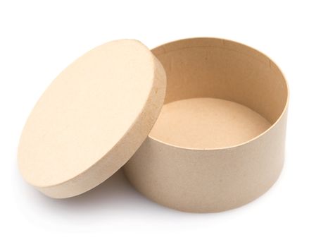 Round paper box with the open cover, on white background