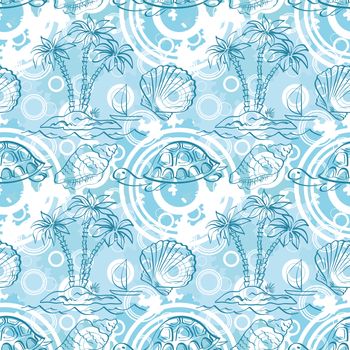 Seamless white and blue pattern. Sea island with palm trees, boat, turtles, shells, contours.