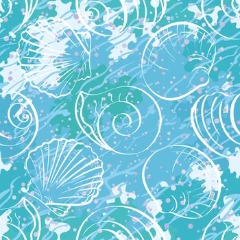 Seamless background, contour marine seashells and abstract pattern.