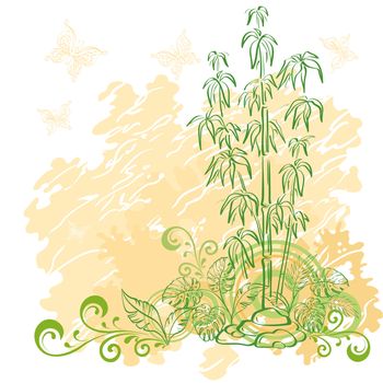 Exotic background. Contour bamboo plants, flowers, butterflies and abstract grunge pattern.