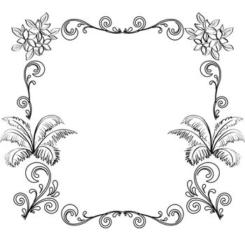 Abstract floral background, frame of flowers, black contour on white background.