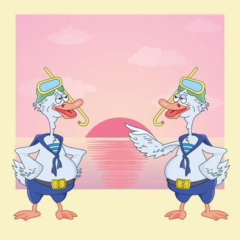 Cartoon goose divers on the sea beach on the background of the rising sun.