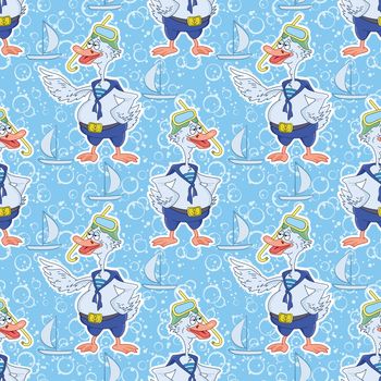 Seamless background, cartoon goose divers and blue pattern with a ship.