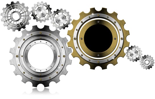 Industrial background with metal and golden gears on a white background