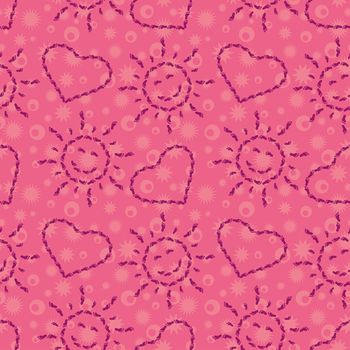 Abstract pink seamless background, pattern of smiling suns and hearts from human footprints.