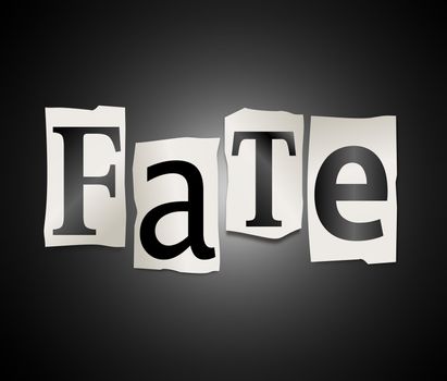 Illustration depicting cutout printed letters arranged to form the word fate.