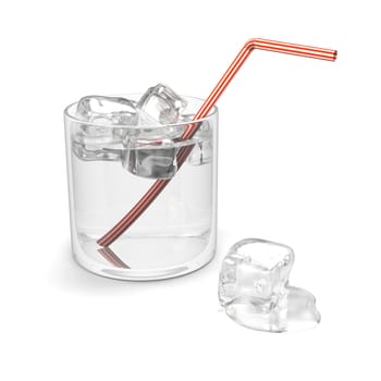 Glass of water with ice and straw isolated on white background
