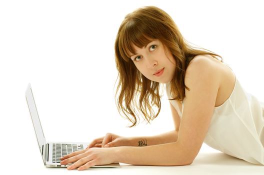 Young Attractive Woman with Laptop Looking at Camera isolated on white background