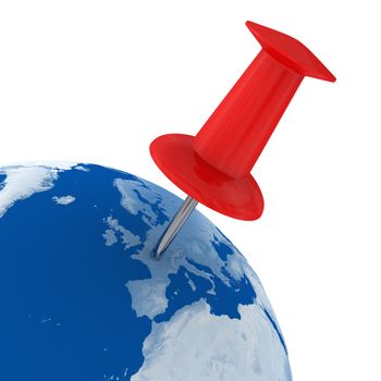 Red pin on Europe isolated on white background
