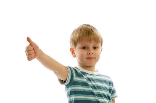 Little Blonde Boy with Thumbs in Stripped Shirt up on white background